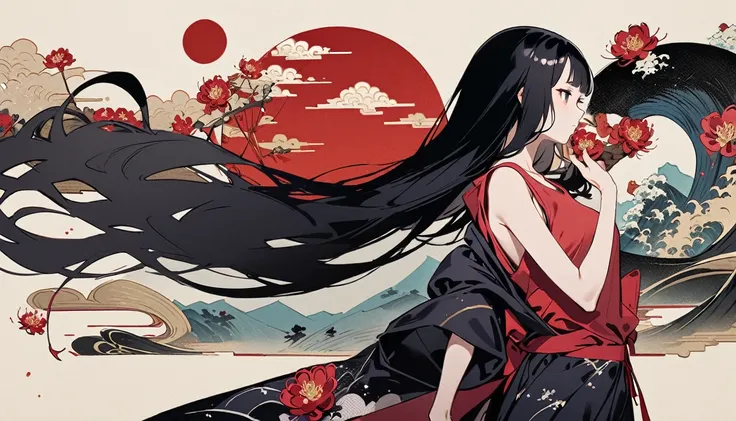 Highest quality, Katsushika Hokusai, Ink Painting, (((straight longhair))), (((1 girl))), (((Pale red T-shirt))), Japanese style headphones, Red spider lily, beautiful girl, Black Hair, Delicate and precise, Modern ukiyo-e style