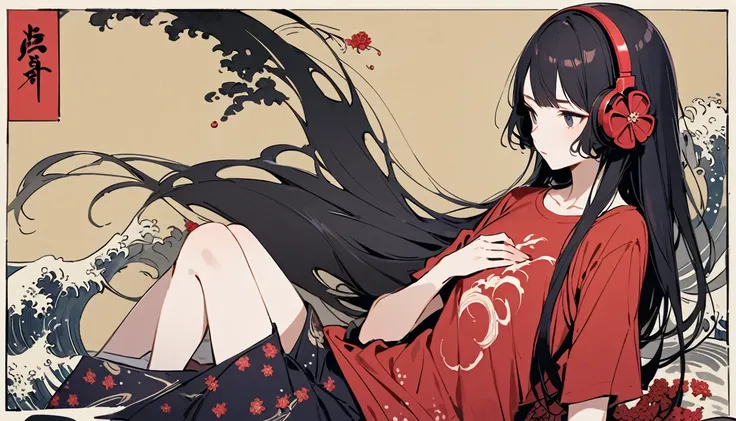 Highest quality, Katsushika Hokusai, Ink Painting, (((straight longhair))), (((1 girl))), (((Pale red T-shirt))), Japanese style headphones, Red spider lily, beautiful girl, Black Hair, Delicate and precise, Modern ukiyo-e style