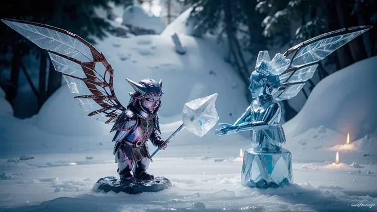 ice made creature,with an ice cone in its head and an ice wand,and some wings(NOT HUMAN OR SIMILAR) with a copper statue of an ice