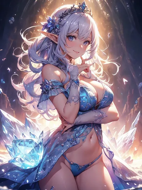 最high quality、1 woman elf、Succubus、(( cowboy shot ))((NUDE))((beautiful nsfw))、beautiful瞳、tears、Raise your arms behind your head、beautiful装飾、、Ice tiara、、A world made of ice、最high quality , fractal art.Ice Throne、ice World、bikini、beautiful胸、Large Breasts　((...