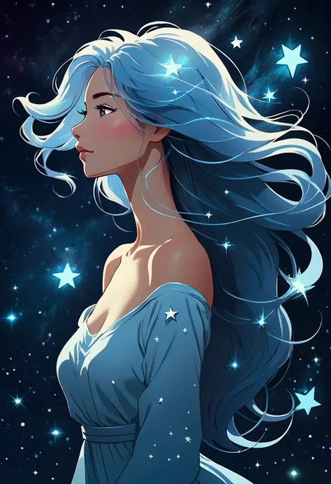 a ion woman with long light blue messy straight hair silhouette (stylized) composed by bright stars. Cosmic background