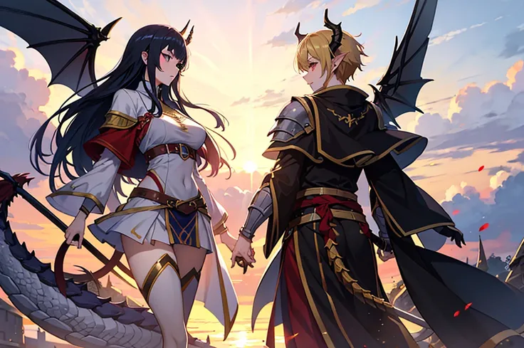 Women with dragon horns, wings and tail, attractive, women with dragon features, warriors anime medieval style isekai