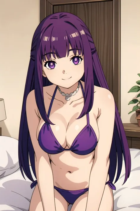 bedroom , smile , purple bikini 
 frieren_fern, 1girl, purple eyes, solo, long hair, purple hair, 