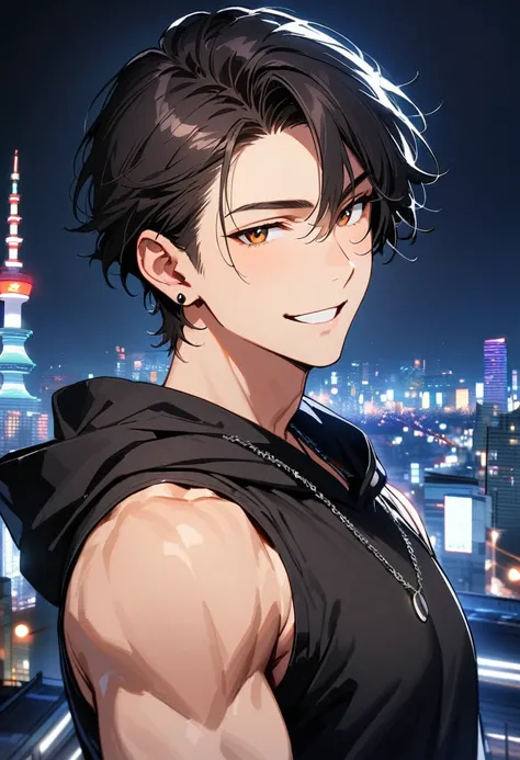 (masterpiece, best quality:1.3), (A young man, 22-years-old, solo, Caucasian, mature face, shaggy tousled black hair, cheerful smile, mouth open, brown eyes, perfecteyes:1.1), (black sleeveless hoodie, black pants, muscular arms, small black earrings, thin...