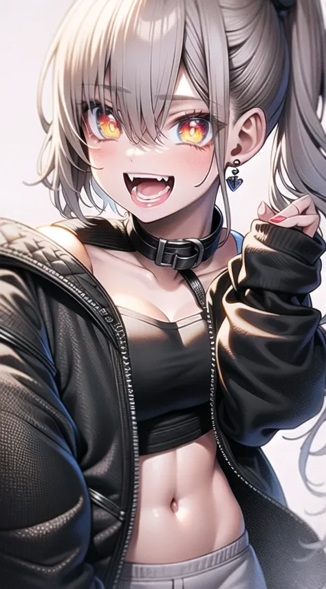 Young girl, short gray hair, gray eyes, high ponytail, cyberpunk, white top, open belly, shorts, furcoat, masterpiece, high quality, SilverWolf