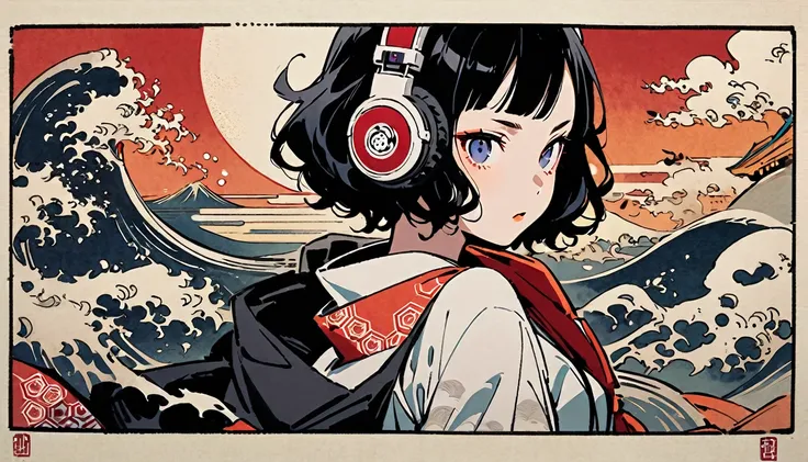 Highest quality, Katsushika Hokusai, Ink Painting, (((1 girl))), (((Horror elements))), Japanese style headphones, beautiful girl, Black Hair, Delicate and precise, Modern ukiyo-e style, Cyberpunk City