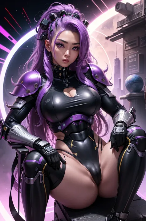 A beautiful, exuberant and very young cybernetic android warrior with black African and oriental Japanese and Chinese features, mixed with the clone of the Greek warrior goddess Athena, with super mega giant breasts, purple eyes, transformed into a super s...