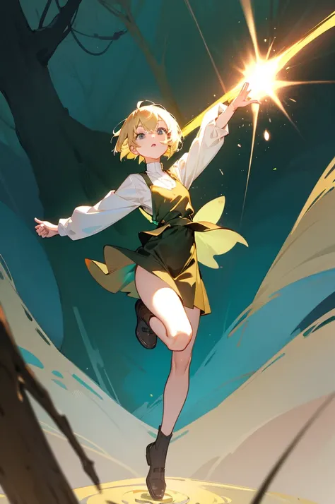 Blonde haired girl with short hair in the forest levitating full body from front with powers
