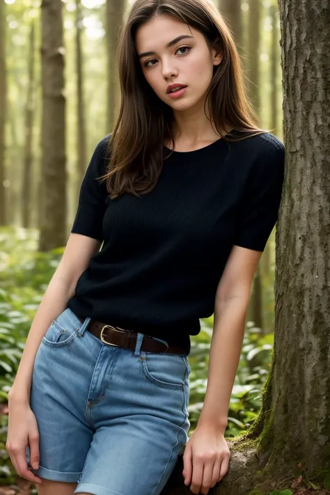 (bestquality,realistic:1.2),(brunette hair:1.1),(French:1.1),(sexy:1.1),(slim figure:1.1),(18 years old:1.1),(handcuffed:1.1),(black short sleeve sweater:1.1),(rolled-up sleeves:1.1),(hands up:1.1),(visible legs:1.1),(open mouth:1.1),illustration,forest,de...