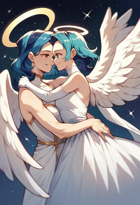 a woman, teal hair, red eyes, smile, angel wings, golden halo, white dress, standing upright, in outer space, Milky Way in the background, stars in the distance, upper body