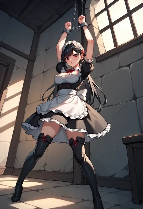 score_9, score_8_up, score_7_up, score_6_up, score_5_up, score_4_up, source_anime, 1girl, black hair, red eyes, w-w-chain, shackles, Hang a girl up, raise arms, On the ceiling, long hair, maids outfit, black thigh high boots, heels, night, windows, dungeon...