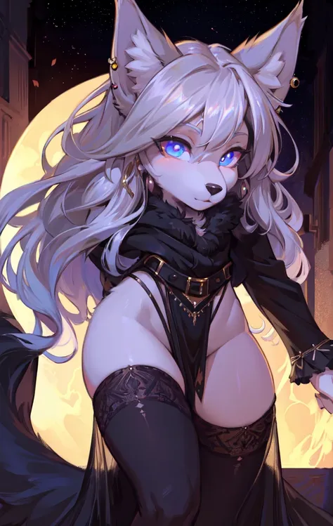 cute,furry_girl,hellhound_girl,Elegant figure,Models body_type,detailed_eyes,silver_hair,cute_ears,wolf_ears,black robe,fluffy_furs,earrings,stocking with garterbelt,neck garter,(perfect detailed eyes:1.5),(front:1.5),(furry:1.5),long lashes,flowy chiffon,...