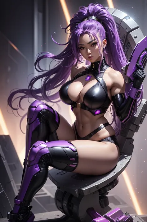 A beautiful, exuberant and very young cybernetic android warrior with black African and oriental Japanese and Chinese features, mixed with the clone of the Greek warrior goddess Athena, with super mega giant breasts, purple eyes, transformed into a super s...