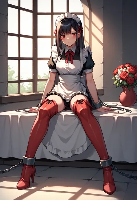 score_9, score_8_up, score_7_up, score_6_up, score_5_up, score_4_up, source_anime, 1girl, sit, black hair, long hair, red eyes, w-w-chain, shackles, Putting shackles on your hands, clean hair, maids outfits, thigh high boots, red boots, heels, flowers, win...