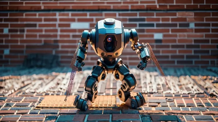 Create an image where a brick wall is being built by a steel-framed humanoid robot alongside humans, the robot should be depicted working as a bricklayer and the entire image should look as real as possible