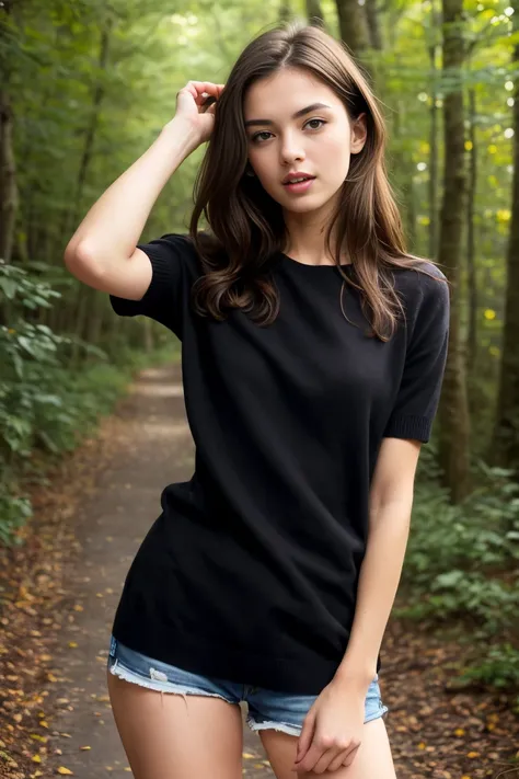 (bestquality,realistic:1.2),(brunette hair:1.1),(French:1.1),(sexy:1.1),(slim figure:1.1),(18 years old:1.1),(handcuffed:1.1),(black short sleeve sweater:1.1),(rolled-up sleeves:1.1),(hands up:1.1),(visible legs:1.1),(open mouth:1.1),illustration,forest,de...