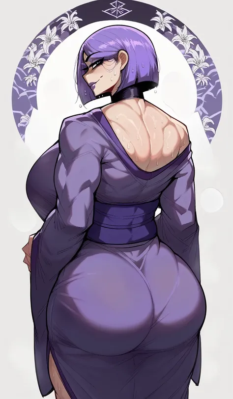 score_9, score_8_up, score_7_up, score_6_up, score_5_up, score_4_up, BREAK 1girl, ((muscular body:1)), intricate, kimono, (eyeliner:1.2), looking at viewer, bob hairstyle, purple hair, detailed background,huge breasts (masterpiece, high quality:1), backsho...