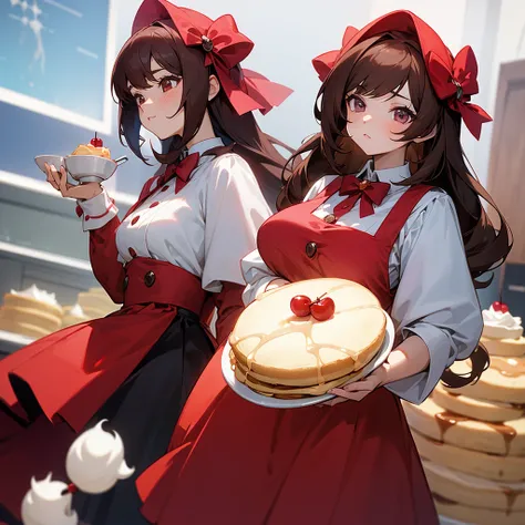 A anime girl who is hair colour is dark brown and she wears cherry accessories and she wear pancake dress and she hold a cup and add whipped cream