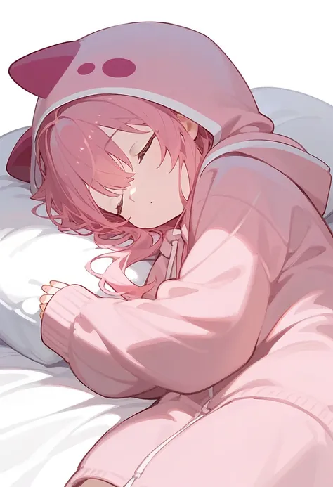 score_9,score_8_superior,score_7_superior,One girl,Pink Hair,alone,hood chibi,bangs,sleep,布団でsleep,sleeping,hoodie,Wearing a hood,Long sleeve,Hair between the eyes,Sleeves are longer than your fingers,white background,