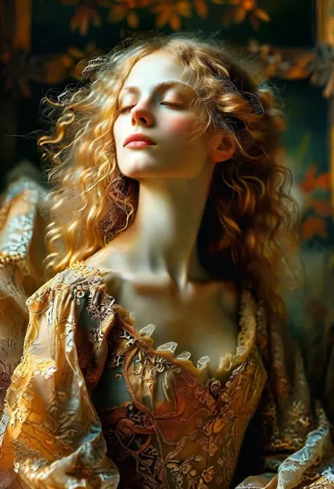 In a serene slumber reminiscent of Leonardo Da Vincis Renaissance paintings, a beautiful woman lies with delicate features framed by flowing, golden locks. The image, a stunning painting, captures her peaceful expression and timeless elegance. Her ethereal...