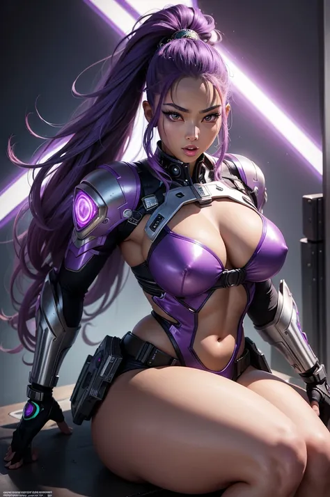 A beautiful, exuberant and very young cybernetic android warrior with black African and oriental Japanese and Chinese features, mixed with the clone of the Greek warrior goddess Athena, with super mega giant breasts, purple eyes, transformed into a super s...