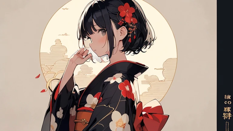 (Detailed and highest quality illustrations:1.2), (pretty girl:1.0), (1 girl, alone:1.0), (black short hair:1.0), (Red kimono:1.0), (Upper body:1.0), (super detailed, High resolution, 4K:1.0),