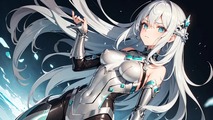 (Metal Slime Girl), Normal size breasts, (silver clothes), Glance here, Plains, silver hair, ahoge, shiny hair, cornrows, shy, pov, anime style, UHD, masterpiece, accurate, anatomically correct, textured skin, super detail, best quality, highres, 4K