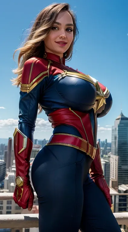 masterpiece, best quality, captain marvel, bodysuit, red gloves, belt, large breasts, toned, smile, cowboy shot, looking at viewer, sky, cityscape, blue sky