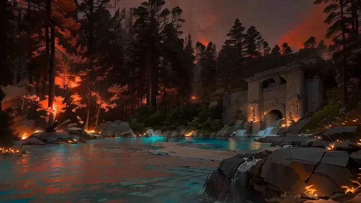 nighttime view of a pool with a waterfall and a fire in the background, magma pool, burning scene in the background, cinematic shot ar 9:16 -n 6 -g, tropical pool, cinematic establishing shot, glowing pools of lava, paradise in the background, cinematic li...