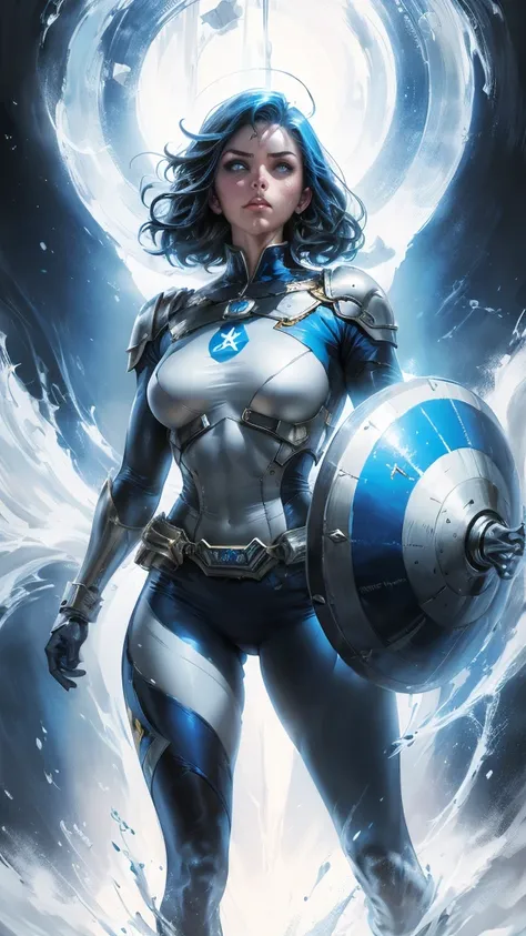 a stunning cinematic illustration of marvel's female superhero, captain israel, standing tall and proud. she wears a blue and wh...