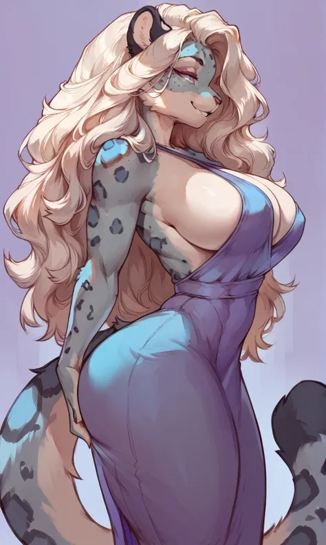 (solo) female anthro snow leopard, long fluffy hair, snow leopard, big breasts, attractive, peasant dress, fit body, snow leopard tail,, thicc, freckles, freckles on face, smug eyes, (mad expression), she is standing look to the right, violet background, s...