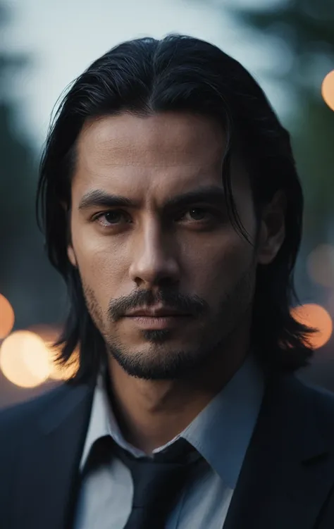 + cinematic photo dark photo of portrait of strong looking man with long black tied hair, 35mm cinematic, film, bokeh, professional, 4k, highly detailed, 35mm photograph, film, bokeh, professional, 4k, highly detailed 