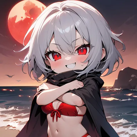 Top quality, masterpiece, chibi character, vampire girl, silver hair, red eyes, black cloak, bright red bikini, folded arms pose, fearless smile, night sea, red full moon, sandy beach