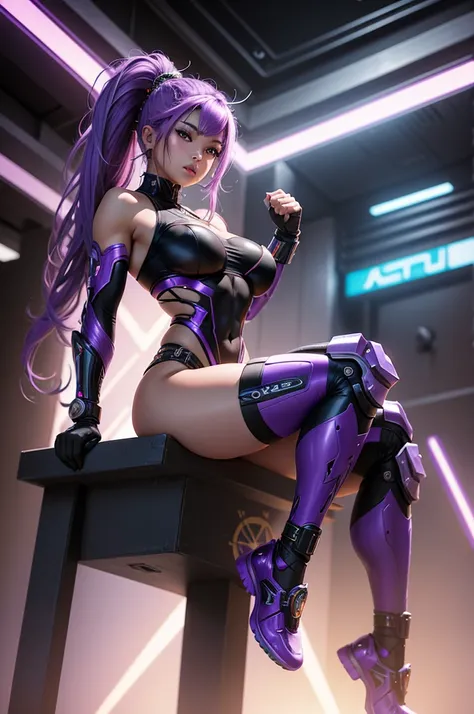 A beautiful, exuberant and very young cybernetic android warrior with black African and oriental Japanese and Chinese features, mixed with the clone of the Greek warrior goddess Athena, with super mega giant breasts, purple eyes, transformed into a super s...