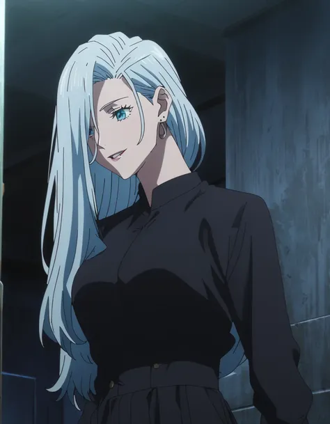 1girl, female gojo satoru, anime screencap from jujutsu kaisen, gojo satoru female version, solo, long_hair, ((blue eyes, round ...