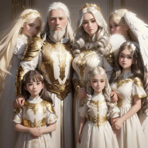 Photorealistic 3D Family portrait (Parents and 3 girls): Angels One Man white hair and beard and One Woman Blonde hair, In white and gold ceramic armor, Standing behind Angel twin girls in white and gold dress, And one older girl in white and gold dress, B...