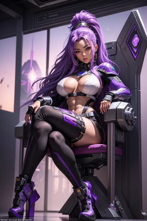 A beautiful, exuberant and very young cybernetic android warrior with black African and oriental Japanese and Chinese features, mixed with the clone of the Greek warrior goddess Athena, with super mega giant breasts, purple eyes, transformed into a super s...