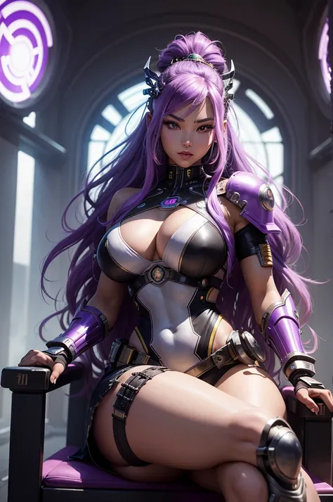 A beautiful, exuberant and very young cybernetic android warrior with black African and oriental Japanese and Chinese features, mixed with the clone of the Greek warrior goddess Athena, with super mega giant breasts, purple eyes, transformed into a super s...