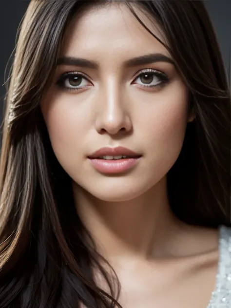 20 years old, Portrait of A confident-looking turkish girl long flowing hair, (facing,90 degree to camera, looking at camera) hazel and brown big eyes, close up face, beautiful detailed nose, sexy detailed lips, (detailed skin texture), bokeh, perfect comp...