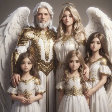 photorealistic 3d family portrait (parents and 3 girls): angels one man white hair and beard and one woman blonde hair, in white...