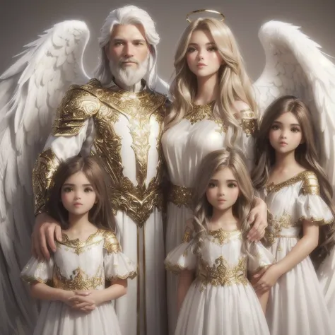 photorealistic 3d family portrait (parents and 3 girls): angels one man white hair and beard and one woman blonde hair, in white...