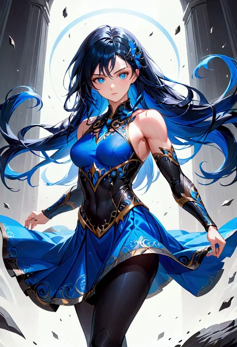 Adult female,long black blue hair, blue eyes,athletic body figure, warrior dress