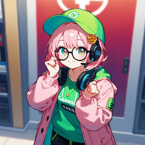 1girl, standing up, looking at viewer, hairstyle, gold rose accessories, green clothes, medium size breast, friendly, glasses, pale skin, gamer, cool, headset, Heartsteel style, pink hair, medium hair in front, long hair back, green clothes, pink coat, coo...