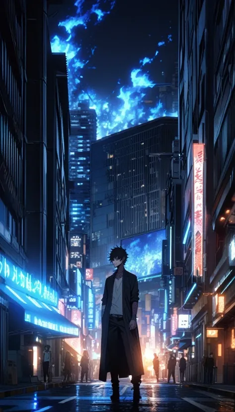 dabi standing in the distance on a tokyo street with blue flames burning around, sky scrapers in the distance, masterpiece, best...