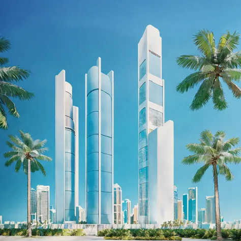 summer city, urban, palm, downtown, skyscrapers, retro 80s style, florida, miami vibes, vice city, california, american city