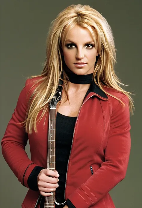 britney spears in a red jacket and black boots holding a guitar, photo from a promo shoot, promo photo, red haired goddess, mark...