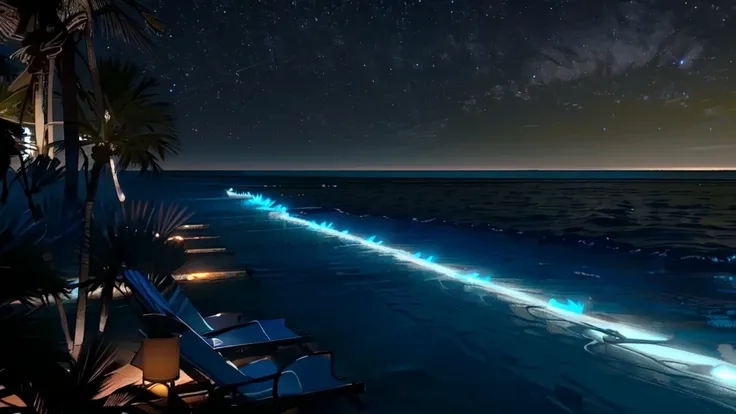 night time view of a beach with lounge chairs and palm trees, makes the sea area glowing water, sitting on the beach at night, bioluminescent lighting, bioluminescent surfaces, bioluminescent glow, bioluminescent atmosphere, bioluminescent, glow wave, biol...