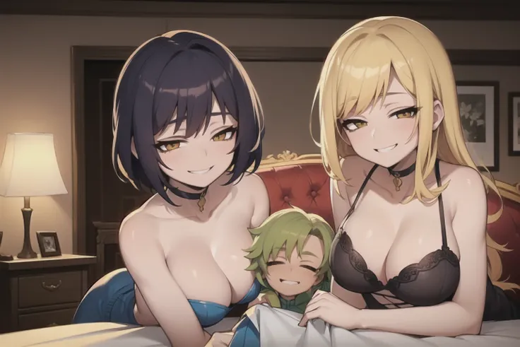 two sexy women in bed with 4 years old boy, flirtatious smiles, both women looking at camera, women have various hair colors