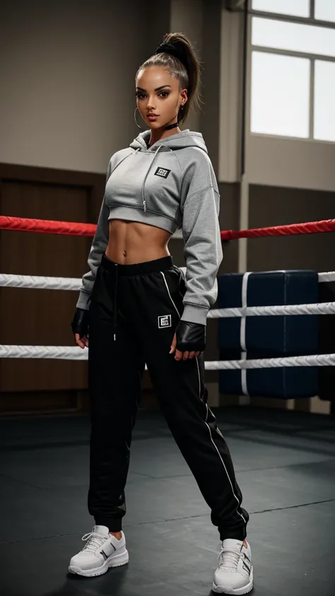 Alisha Lehmann skinny sexy model,She has no tattoo she is wearing big oversized baggy black hoodie big sweatshirt covering her breasts and stomach and big high waist oversized big baggy black sweatpants boxing gloves,in a gym she has small sexy breasts,ski...