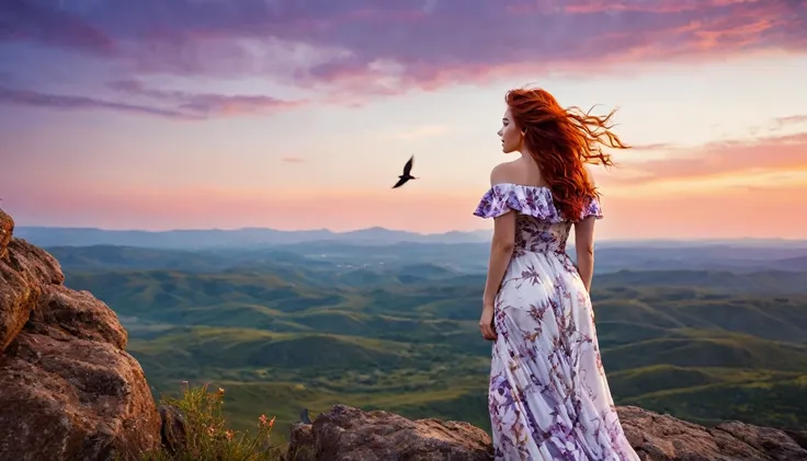 dramatic scene, a woman standing on a rocky terrain during sunset. view from behind, The style is highly detailed and realistic, with a focus on the dramatic sky and natural landscape. The woman has long, wavy red hair cascading down her back and is wearin...